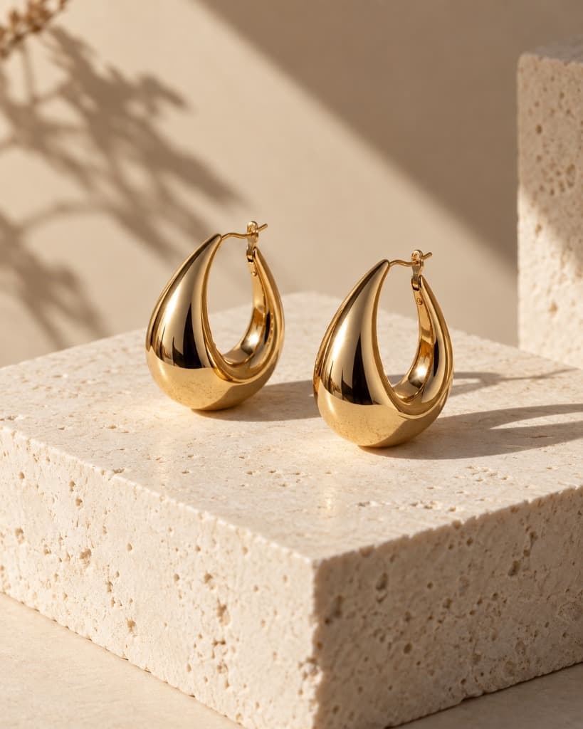Sculptural gold earrings resting on ivory stone